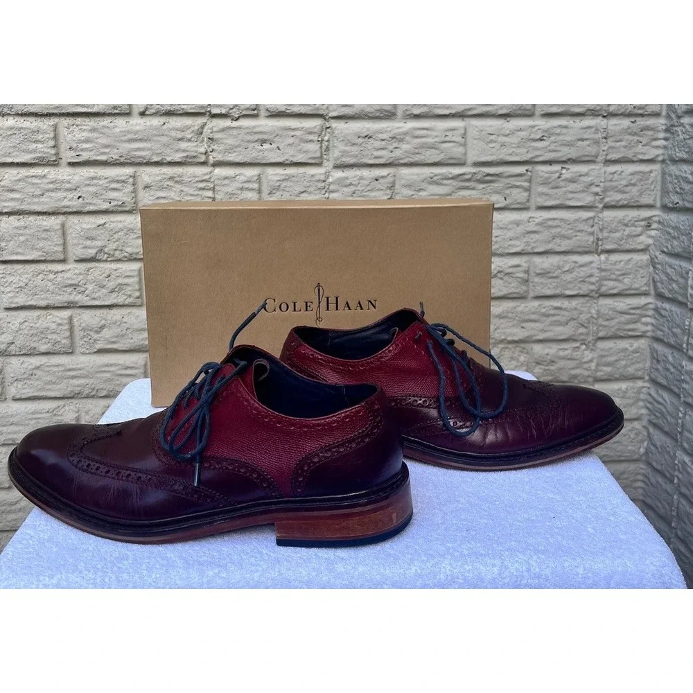 Cole Haan Mens Burgundy Two Tone Leather Wingtip Brogue Oxford Dress Shoes